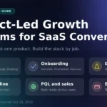 Dark infographic showing the six jobs in a product-led growth stack: analytics, onboarding, experiments, data pipeline, PQL and sales, and billing